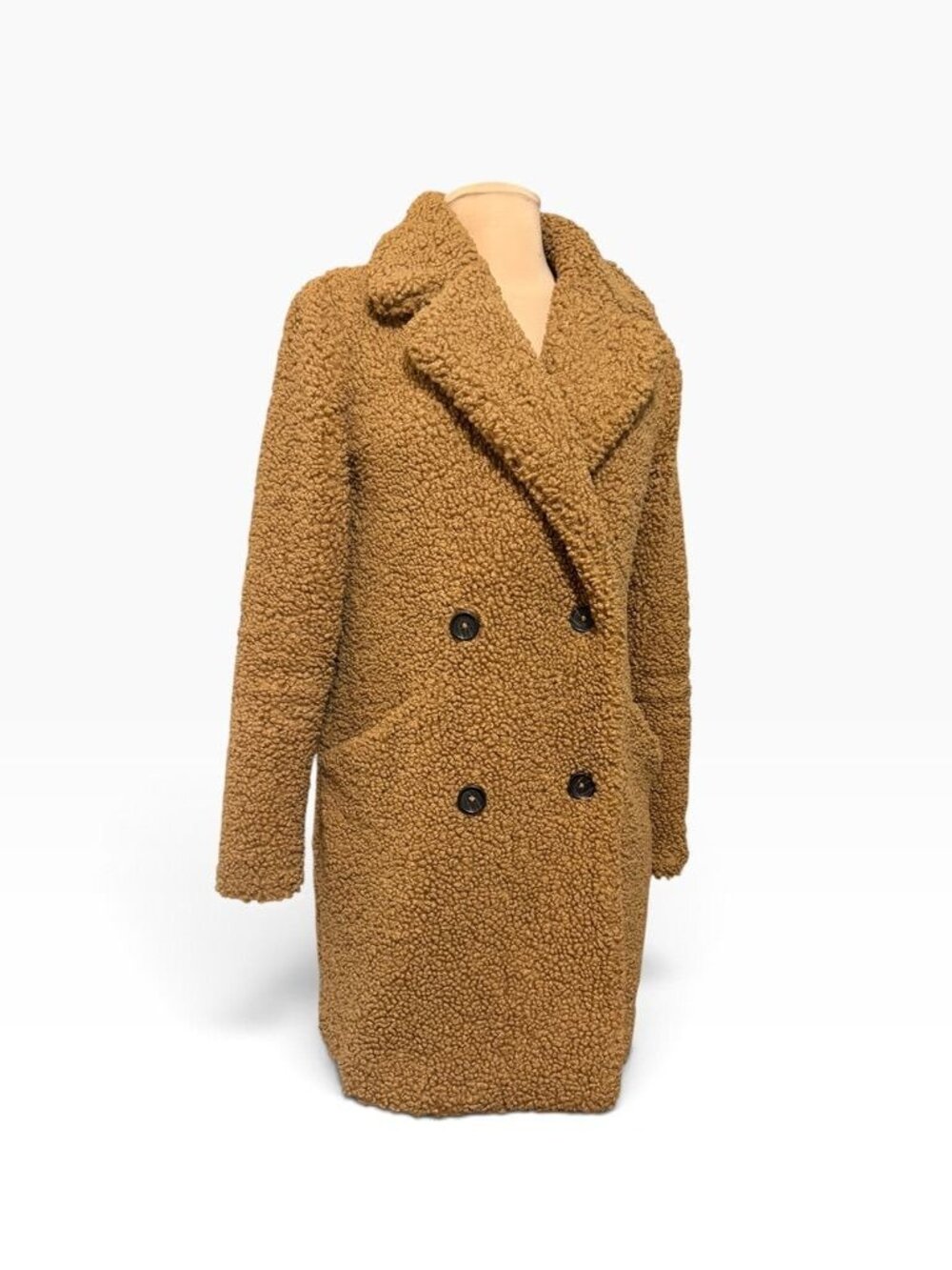 Fleece Sherpa Teddy Coat XS Camel Tan Double Breasted Fall EUC Cozy Preppy